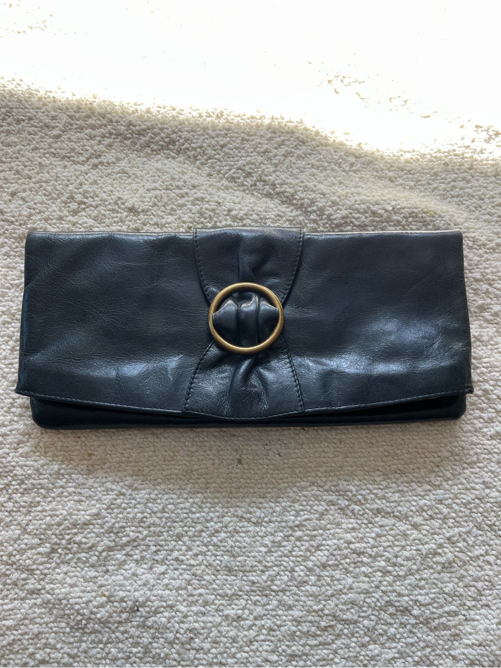 HOBO Navy Leather Fold-Over Clutch with Gold Ring